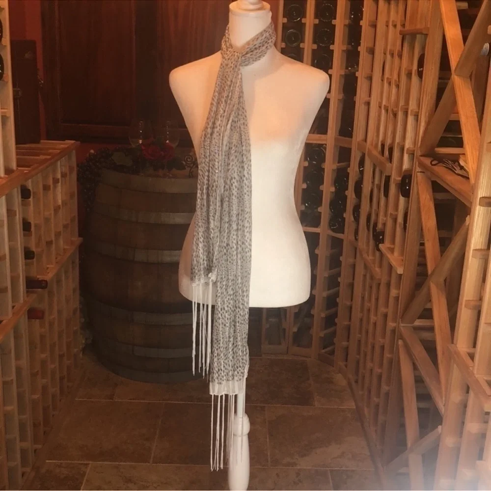 Scarf Grey/White Sheer Print with Sparkle Bling & Tassels